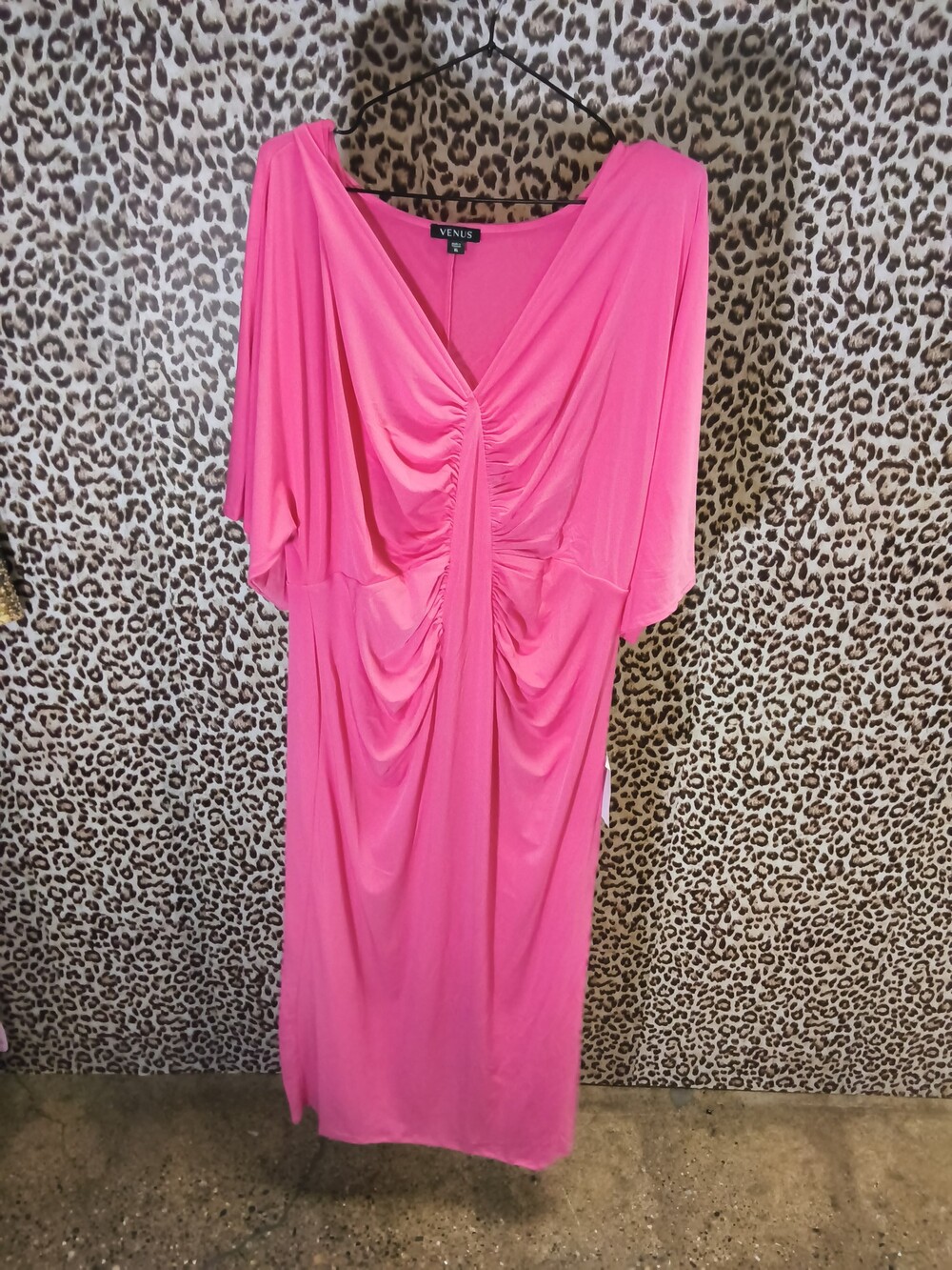 Venus Ruched Pink Dress XL Deep V-Neck Dolman Sleeve